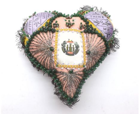 A Vintage heart-shaped Pin Cushion, the two top corners applied with labels inscribed "With Fond Love" and "Think Of Me", 7" 
