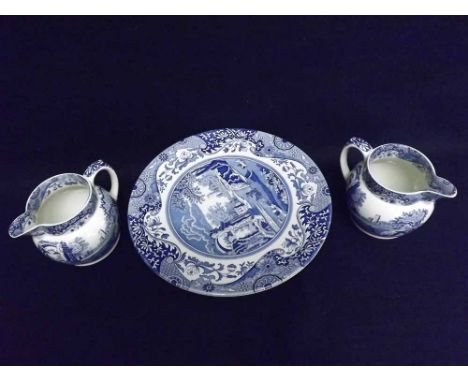 A modern Spode Italian Blue Printed Tazza and two similar globular Milk Jugs (3) 