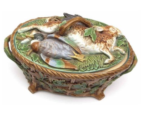 A Minton Majolica Game Dish, the lid typically moulded with various game (some losses, chip to duck's wing and further minor 