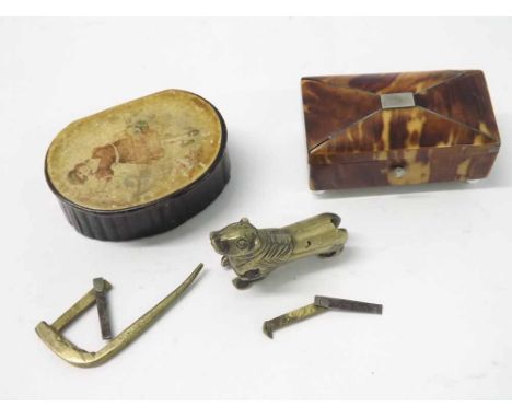A mixed lot comprising a 19th Century papier m ch shell shaped Snuff Box, the top with worn lithograph of a young girl, a Vic