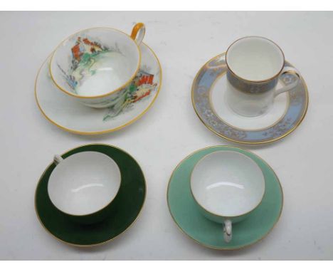 A Shelley Cup and Saucer, Pattern 11659, two Royal Worcester Green Cups and Saucers and a further Royal Doulton "Carlyle Blue