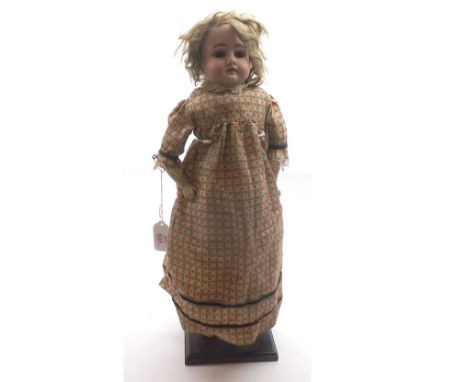 Armand Marseille bisque head and shoulder plate Mabel doll, brown weighted sleep glass eyes with painted lashes and brows, op