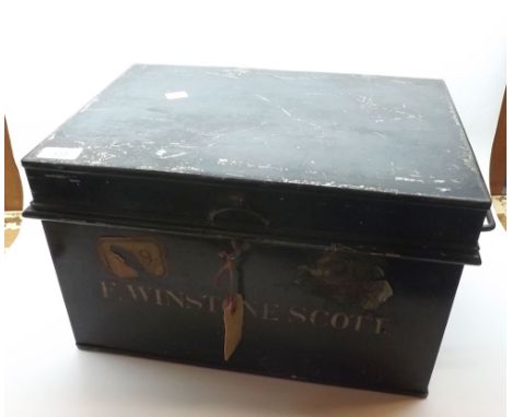 A vintage small Ebonised Metal Trunk inscribed "F Winstone Scott", circa early 20th Century, 16" wide 
