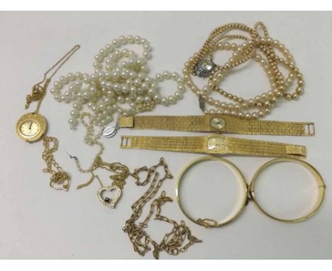 Bag of assorted jewellery including four Pearl type necklaces, bangles, wristwatches, pendant watch etc 