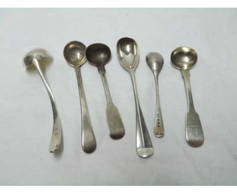 A mixed lot comprising a George III Cream Ladle, bright cut Old English pattern with gilded bowl, marks almost erased, togeth