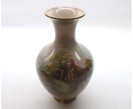 A Royal Worcester Baluster Vase painted in colours with a cottage scene with figures, signed A Lewis, printed mark and date c