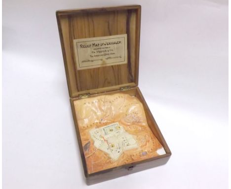 An unusual Olive Wood Cased Relief Map of Jerusalem, originated and made by F R Vester & Co (The American Colony Store), 6 1/