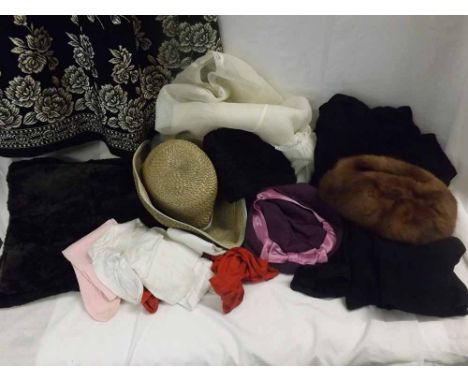 A box containing assorted Vintage Ladies Accessories to include two black crepe Skirts, Hats, Moleskin Stole etc   30-40