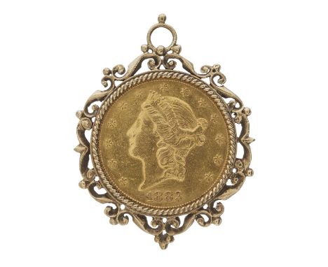 USA 1883, a gold double eagle twenty dollar coin, within a 9ct gold pendant mount, mount with hallmarks for London 1977, leng