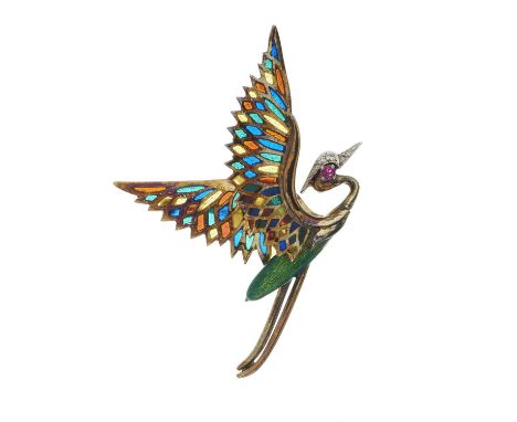 A 14ct gold green enamel and diamond bird brooch, designed as a crane in flight with plique-a-jour enamel wings and ruby eye 