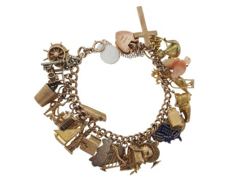 A mid 20th century gold charm bracelet, suspending 32 charms, with bolt ring clasp, most with hallmarks for 9ct gold, length 