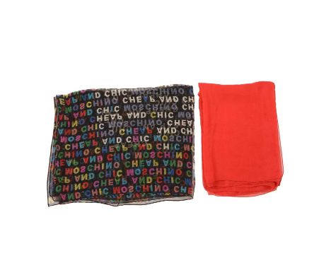 Two long designer scarves, to include a black sheer scarf by Moschino featuring multicoloured 'Cheap and Chic Moschino' print