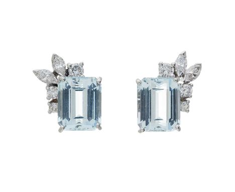A pair of 18ct gold aquamarine and vari-cut diamond stud earrings, estimated total aquamarine weight 6ct, estimated total dia