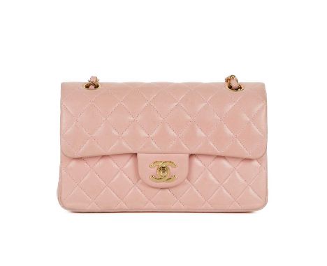 Chanel, a pink Small Classic Double Flap handbag, designed with a pink diamond quilted lambskin leather exterior, with polish