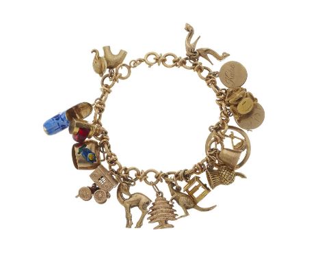 A mid 20th century 18ct gold charm bracelet, suspending sixteen charms, ten with hallmarks for 9ct gold, length 18.4cm, total