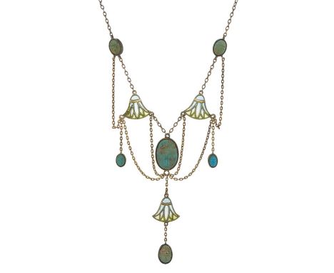An Art Nouveau Eygptian Revival silver gilt carved turquoise scarab cabochon and plique-a-jour enamel festoon necklace, weara