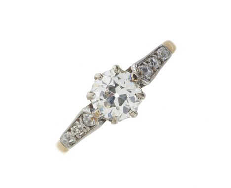 An Edwardian 18ct gold and platinum old-cut diamond single-stone ring, with similarly-cut diamond sides, principal diamond es