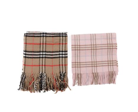 Burberry, a Nova Check lambswool shawl and scarf, to include a beige shawl and a baby pink scarf, both with fringe detailing 