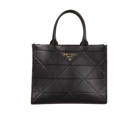 Prada, a large leather Symbole handbag, crafted from smooth black leather, featuring an embossed triangular pattern throughou