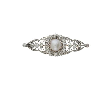A Belle Epoque gold natural pearl and old and rose-cut diamond openwork brooch, verbal from GCS stating natural, saltwater, p