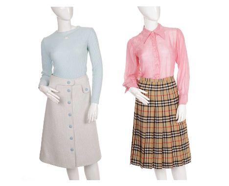 Two vintage designer outfits, to include a Burberry pleated pure wool skirt and a pink silk blouse by Louis Feraud, together 