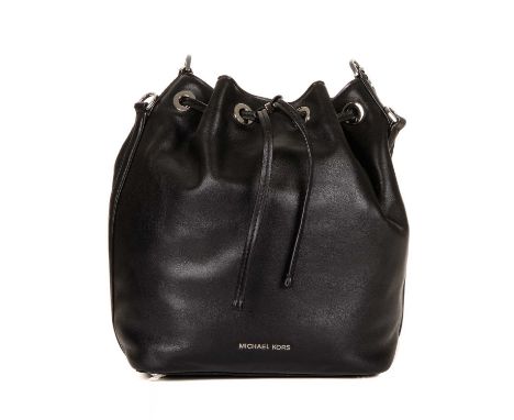 Micheal Kors, a Dottie bucket bag, crafted from black leather, with polished silver-tone hardware, a rear patch pocket, thick
