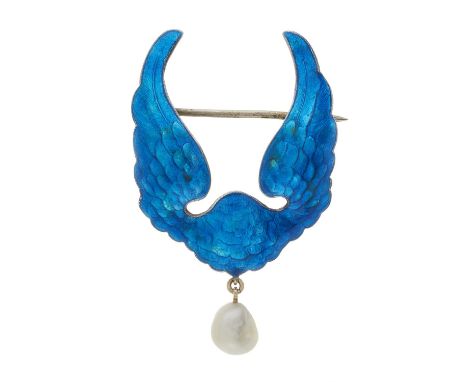 Child &amp; Child, an Art Nouveau silver blue enamel wings brooch, circa 1905, suspending a pearl drop, maker's marks for Chi