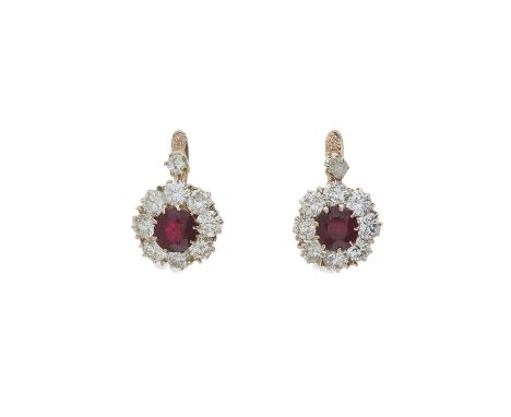 A pair of gold unheated Madagascan ruby and brilliant-cut diamond cluster earrings, verbal from GCS stating Madagascar, no in