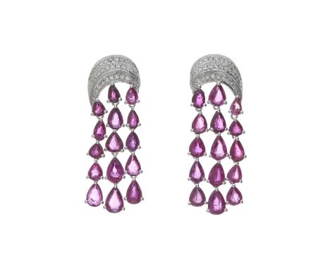 A pair of platinum ruby and diamond chandelier drop earrings, total ruby weight 8.70ct, total diamond weight 0.472ct, each en