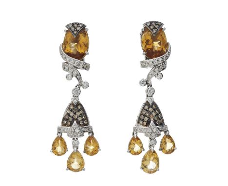 A pair of 18ct gold citrine, diamond and brown diamond drop earrings, estimated total brown diamond weight 0.70ct, estimated 