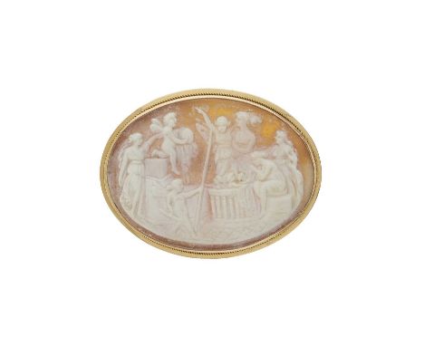 An 18ct gold shell cameo brooch, depicting a classical scene, stamped 750, length 4.3cm, 8.2g Overall good conditionShell cam