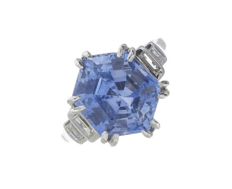 An impressive Sri Lankan hexagonal-shape sapphire dress ring, with rectangular-shape diamond stepped sides, with report from 