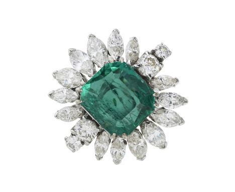 An impressive 18ct gold Colombian emerald and marquise-shape diamond cocktail ring, with brilliant-cut diamond duo sides, eme