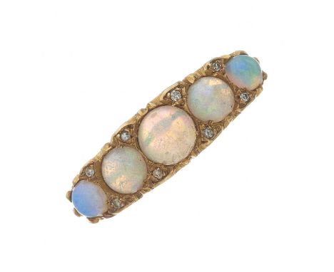 A mid 20th century 18ct gold graduated opal cabochon dress ring, with single-cut diamond double spacers, hallmarks for Cheste