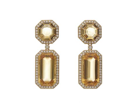 A pair of 18ct gold citrine and brilliant-cut diamond drop earrings, with similarly-set octagonal surmount, total citrine wei