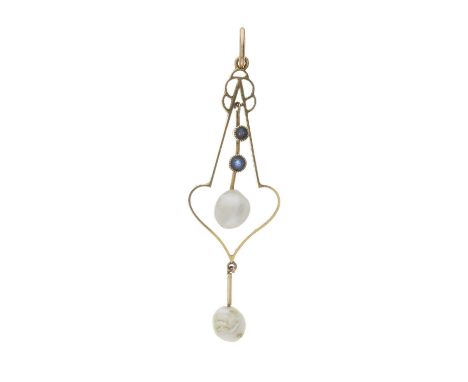 An Edwardian 15ct gold sapphire and pearl drop pendant, principal pearl measures approximately 6mm, mount stamped 15ct, lengt