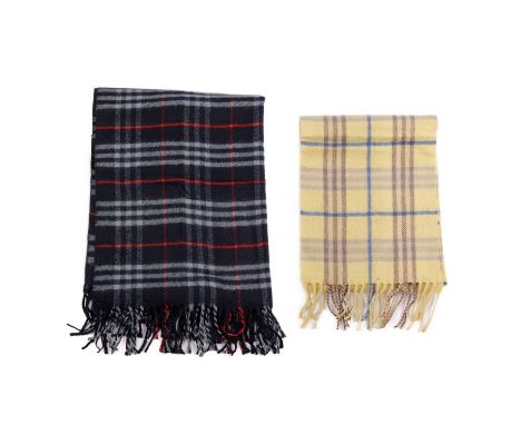 Burberry, a Nova Check lambswool shawl and scarf, to include a navy blue shawl and a pale yellow scarf, both with fringe deta