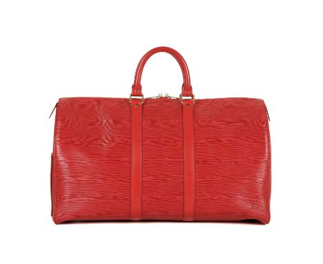 Louis Vuitton, a red epi Keepall 45 luggage bag, featuring a red textured leather exterior and smooth leather trim, with a si