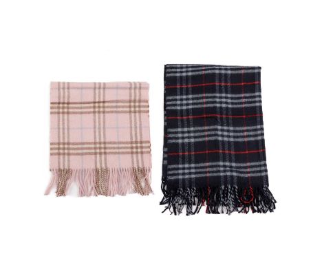 Burberry, a Nova Check lambswool shawl and scarf, to include a navy blue shawl and a baby pink scarf, both with fringe detail