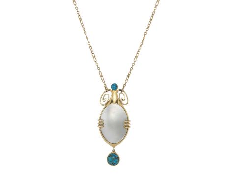 Murrle Bennett &amp; Co., an Art Nouveau 15ct gold blister pearl and turquoise cabochon necklace, suspending a turquoise cabo