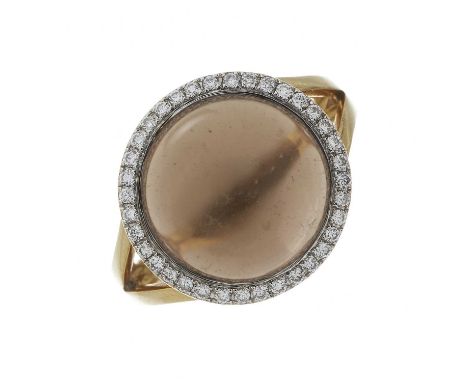 An 18ct gold smoky quartz cabochon and brilliant-cut diamond cluster ring, smoky quartz estimated weight 7.65ct, estimated to