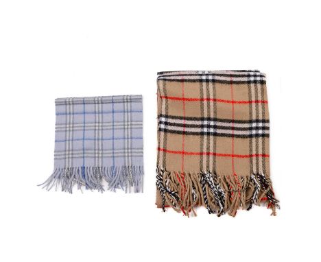 Burberry, a Nova Check lambswool shawl and scarf, to include a beige shawl and a pale blue scarf, both with fringe detailing 