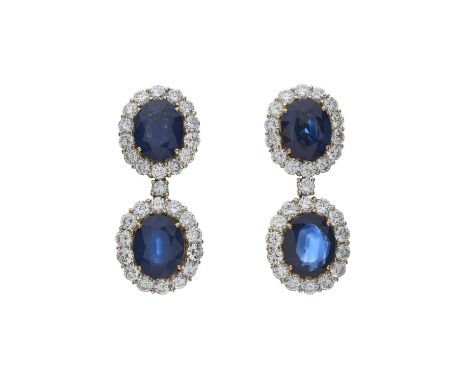 An impressive pair of sapphire and diamond cluster drop earrings, with similarly-designed surmount and brilliant-cut diamond 