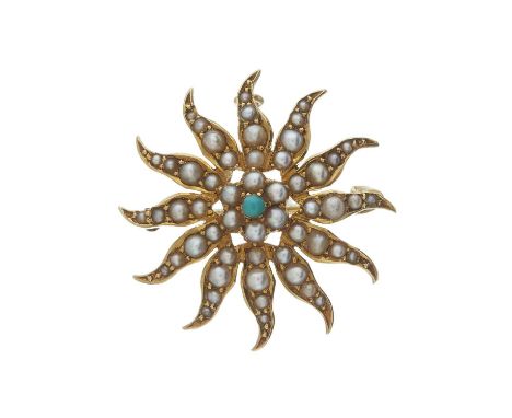 An Edwardian 15ct gold turquoise and split pearl sunburst pendant brooch, stamped 15ct, length 2.8cm, 4.6gOverall good condit