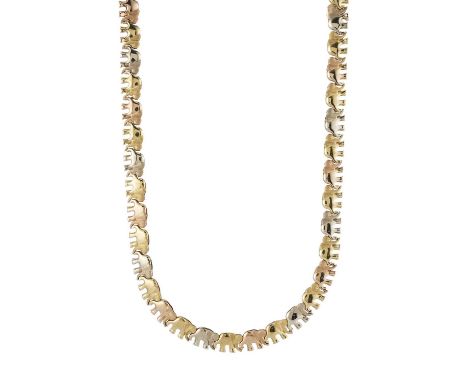 An 18ct tri-colour gold elephant necklace, together with a matching bracelet, import marks for Birmingham 1994, length of nec