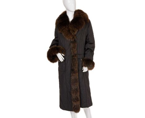 A full-length black coat with fox fur trim, featuring a black polyester/cotton shell, with brushed gold-tone button fastening