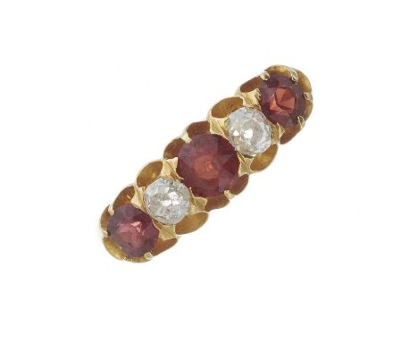 A Victorian 18ct gold garnet and old-cut diamond five-stone ring, estimated total diamond weight 0.20ct, H-I colour, P1 clari