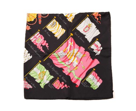 Hermes, a Pavois silk scarf, designed by Philippe Ledoux, depicting a variety of banners, flags and royal standards, on a bla