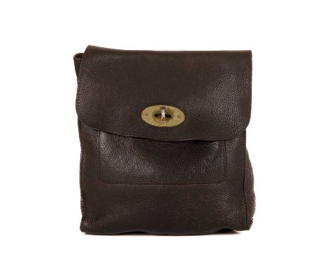 Mulberry, a small Antony messenger bag, designed with a brown leather exterior, adjustable canvas crossbody strap, top flap c