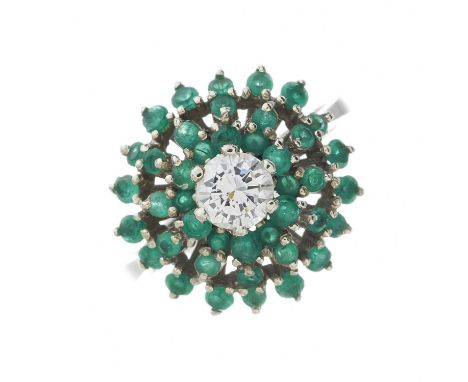 An 18ct gold brilliant-cut diamond and emerald cluster dress ring, diamond estimated weight 0.45ct, H-I colour, VS clarity, s